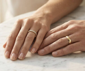 Memoire-Ring in Krappenfassung an ihrer Hand, daneben seine Hand mit glattem Trauring